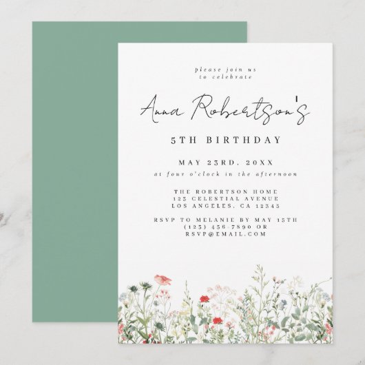 ワイルドフラワーメドウ誕生日 招待状 (正面/裏面)