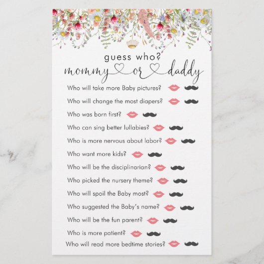 ワイルドフラワーメドウ赤ちゃんシャワー"誰を推測"ゲーム (正面)