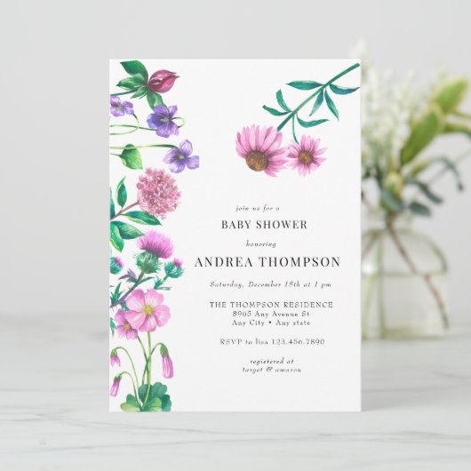 ワイルドフラワーメドウ |プレーリー |紫の赤ちゃんシャワー 招待状 (スタンド正面)