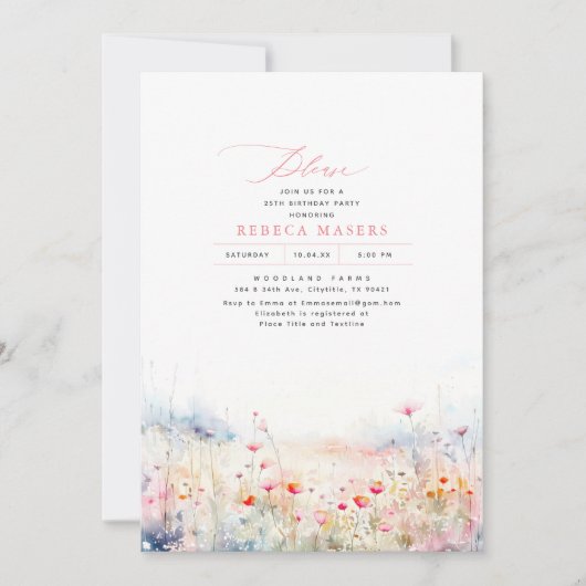 ワイルドフラワーメドーエレガントサマーバースデーパーティー 招待状 (正面)
