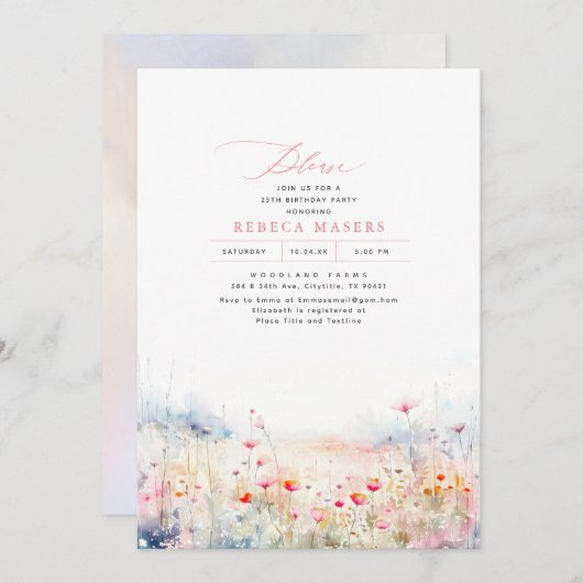 ワイルドフラワーメドーエレガントサマーバースデーパーティー 招待状 (正面/裏面)