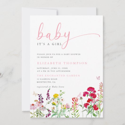 ワイルドフラワーメドーサニーガールベビーシャワー 招待状 (正面)