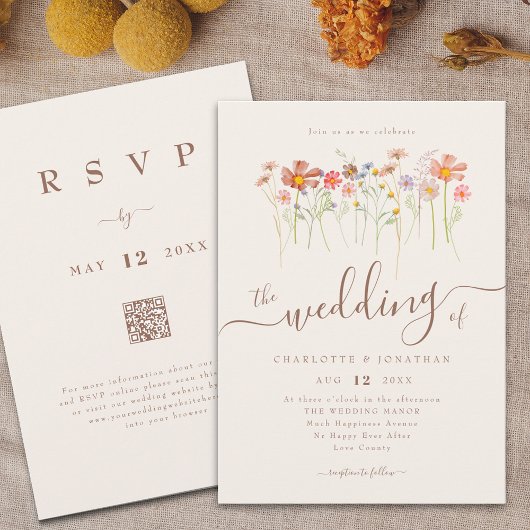 ワイルドフラワーメドーベージュテラコッタQRコード 招待状