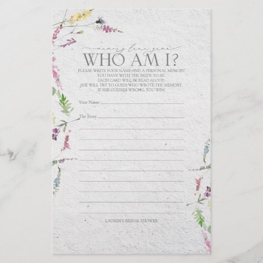 ワイルドフラワーメモリレーンブライダルシャワーゲーム (正面)