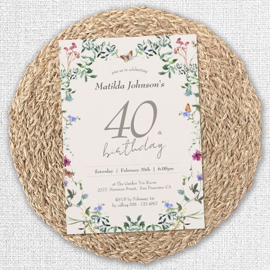 ワイルドフラワーモダンのフローラ40歳の誕生日パーティー 招待状