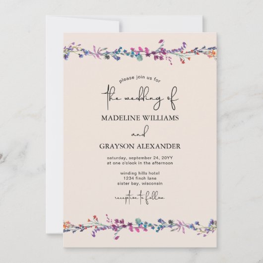 ワイルドフラワーモダンの手書きスクリプ結婚ト 招待状 (正面)