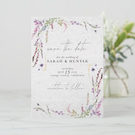 ワイルドフラワーモダンの水の色日付を保存 招待状 (スタンド正面)