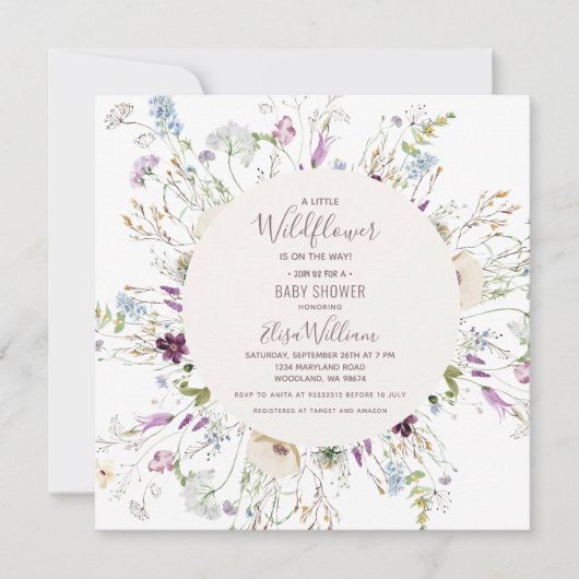 ワイルドフラワーモダンの水彩赤ちゃんシャワー招待状 招待状 (正面)