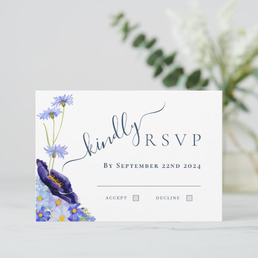 ワイルドフラワーモダンの水色の青結婚の返信 出欠カード (スタンド正面)