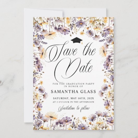 ワイルドフラワーモダンは写真の卒業日を保存 招待状 (正面)