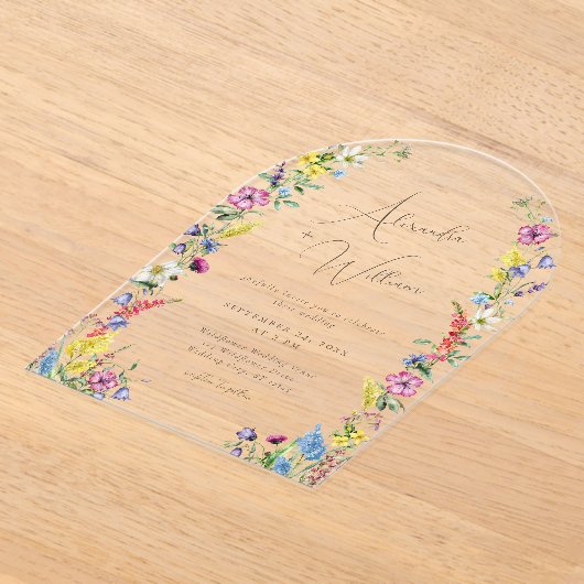 ワイルドフラワーモダンアーチボホ結婚ズ アクリル招待状 (レイダウン)