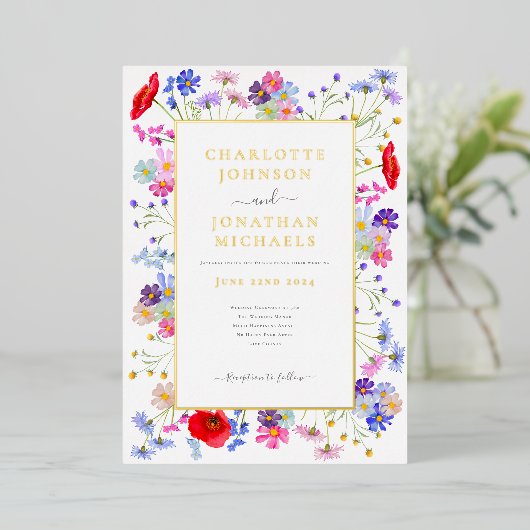 ワイルドフラワーモダンウォーターの色エレガントの金ゴールド結婚の 箔招待状 (立ち正面)