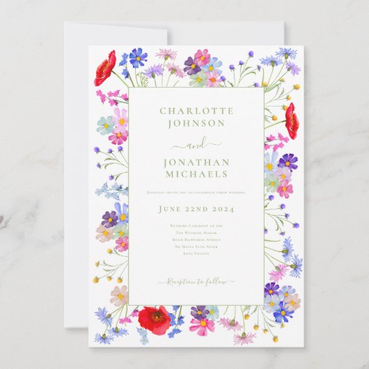 ワイルドフラワーモダンウォーターの色結婚の 招待状 (正面)