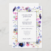 ワイルドフラワーモダンウォーター色ネイビーブルー 招待状 (正面/裏面)