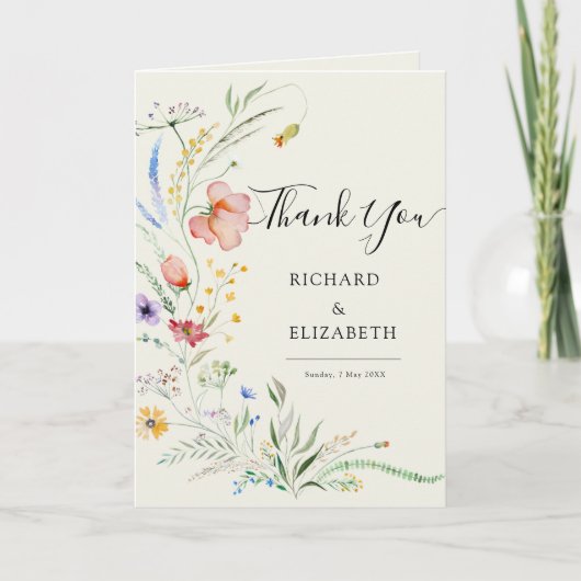ワイルドフラワーモダンエレガミニマルントウェディング サンキューカード (正面)