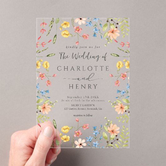 ワイルドフラワーモダンエレガント庭園の結婚式 アクリル招待状 (インサイチュ (ポータブル))