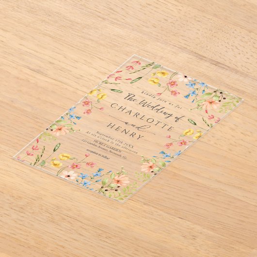 ワイルドフラワーモダンエレガント庭園の結婚式 アクリル招待状 (レイダウン)