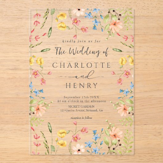 ワイルドフラワーモダンエレガント庭園の結婚式 アクリル招待状 (正面)