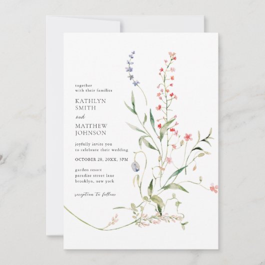ワイルドフラワーモダンカラフルフローラ庭園の結婚式 招待状 (正面)