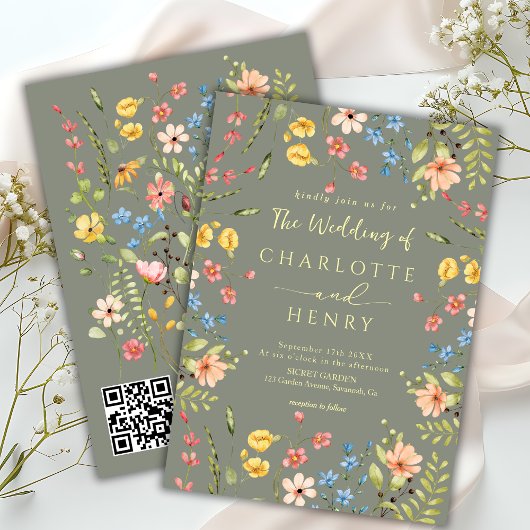  ワイルドフラワーモダンガーデン　セージ　QRコード　ウェディング 招待状