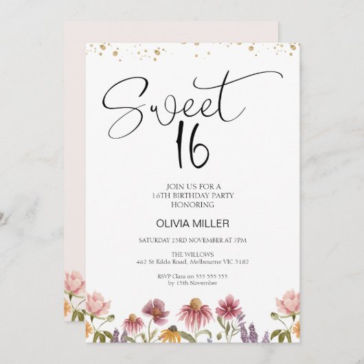 ワイルドフラワーモダンズスウィート16th誕生日招待状 招待状 (正面/裏面)