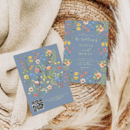ワイルドフラワーモダンズダスティブルーQRコード結婚ズ 招待状