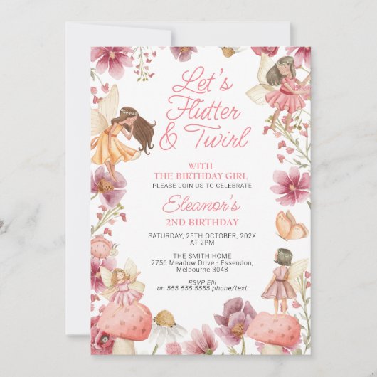ワイルドフラワーモダンズフラッタトゥウィールフェアリー誕生日 招待状 (正面)