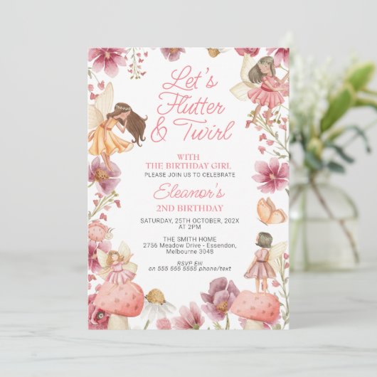 ワイルドフラワーモダンズフラッタトゥウィールフェアリー誕生日 招待状 (スタンド正面)