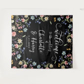 ワイルドフラワーモダンズブラック結婚の歓迎の背景 タペストリー (正面(横))