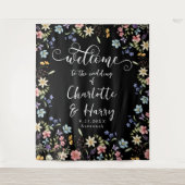 ワイルドフラワーモダンズブラック結婚の歓迎の背景 タペストリー (正面)