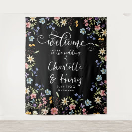 ワイルドフラワーモダンズブラック結婚の歓迎の背景 タペストリー