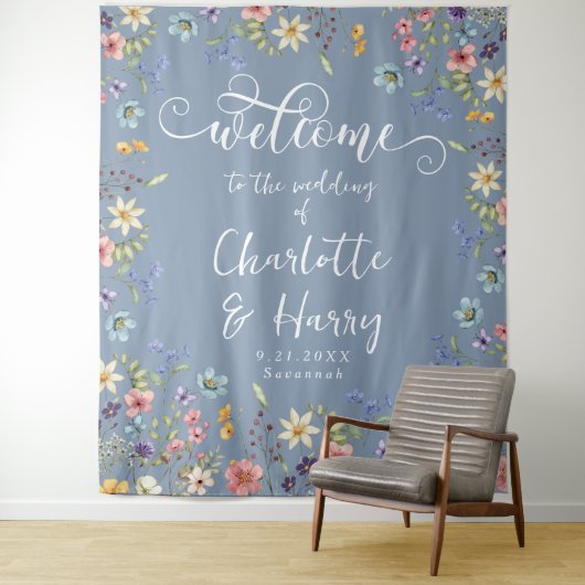 ワイルドフラワーモダンズブルー結婚の歓迎の背景 タペストリー (インサイチュ)