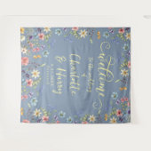 ワイルドフラワーモダンズブルー結婚の歓迎の背景 タペストリー (正面(横))