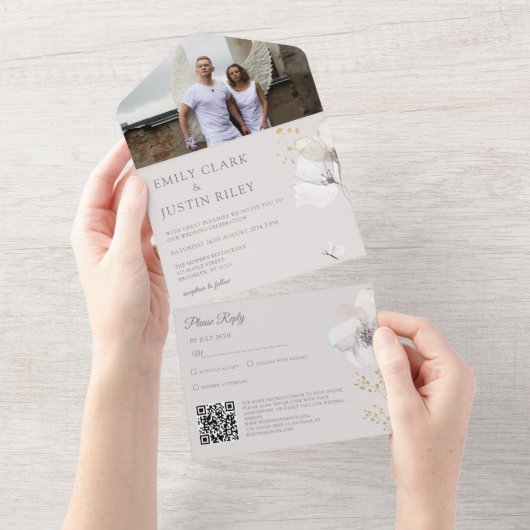 ワイルドフラワーモダンズ水彩写真QRCode結婚's オールインワン招待状 (貼ってはがせる)