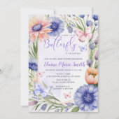 ワイルドフラワーモダンパープルバタフライベビーシャワー 招待状 (正面)