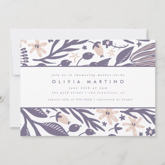 ワイルドフラワーモダンパープルピーチガール赤ちゃんシャワー 招待状 (正面)