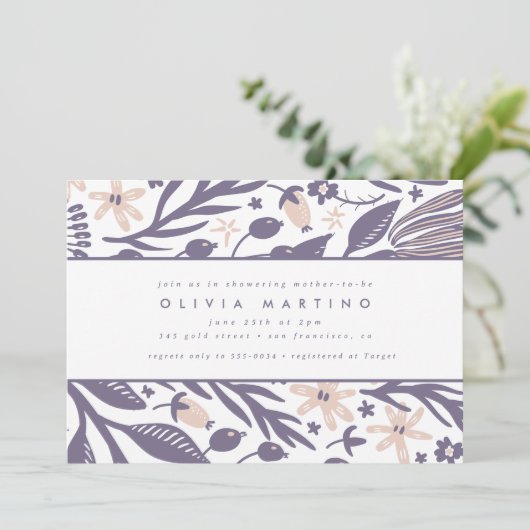 ワイルドフラワーモダンパープルピーチガール赤ちゃんシャワー 招待状 (スタンド正面)