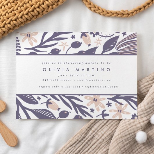 ワイルドフラワーモダンパープルピーチガール赤ちゃんシャワー 招待状