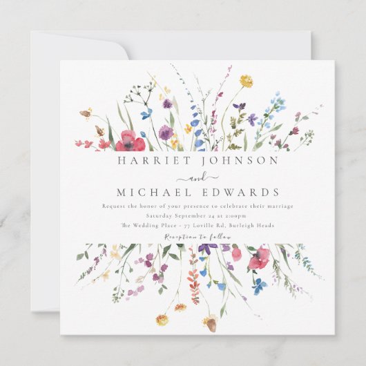 ワイルドフラワーモダンフレームスクエア結婚ズ 招待状 (正面)