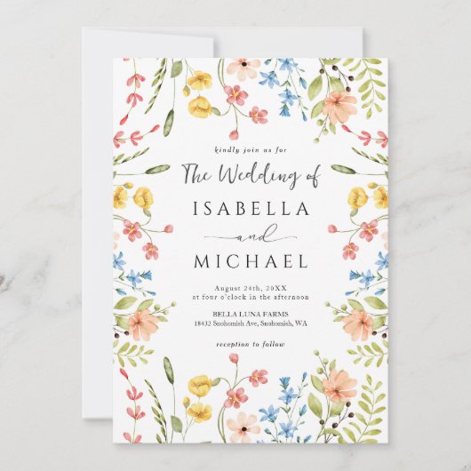 ワイルドフラワーモダンフレーム庭園の結婚式 招待状 (正面)