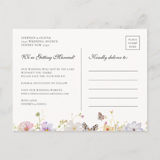 ワイルドフラワーモダンフローラリース日付の保存 案内ポストカード (裏面)