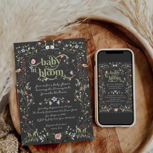 ワイルドフラワーモダンフローラ濃いテーマ赤ちゃんシャワー 招待状
