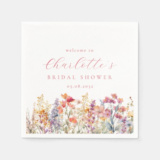 ワイルドフラワーモダンブライダルシャワーへようこそ スタンダードカクテルナプキン (正面)