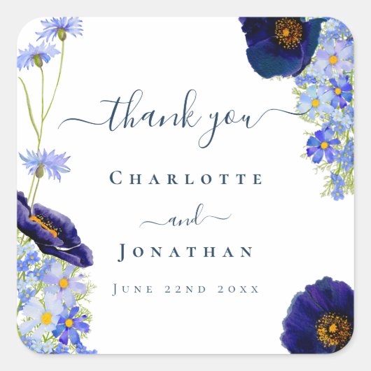 ワイルドフラワーモダンブルー結婚の感謝 スクエアシール (正面)