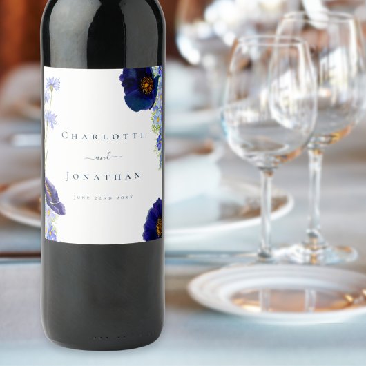 ワイルドフラワーモダンブルー結婚ズ ワインラベル