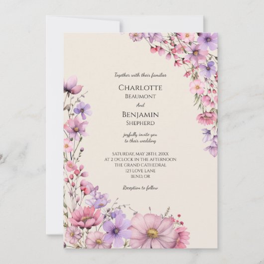 ワイルドフラワーモダンベージュの詳細が一つの家の中に結婚すべて 招待状 (正面)