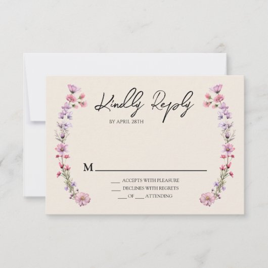 ワイルドフラワーモダンベージュウェディングRSVPレスポンスカード 出欠カード (正面)