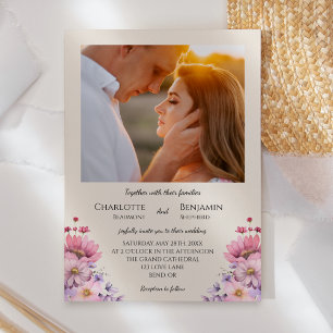 ワイルドフラワーモダンベージュクラシックフォト結婚ズ 招待状