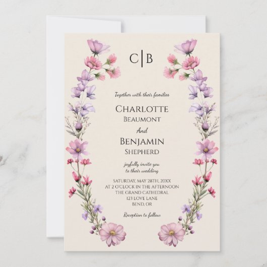 ワイルドフラワーモダンベージュモノグラム写真結婚の数 招待状 (正面)