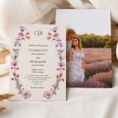 ワイルドフラワーモダンベージュモノグラム写真結婚の数 招待状